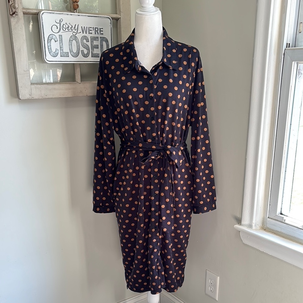 Lularoe Ellie Polka Dot Long Sleeve Button Down Tie Waist Midi Dress Black NWT